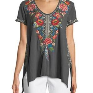 Johnny Was JWLA Side Slit Floral Embroidered Drape Tee Top Grey size Small